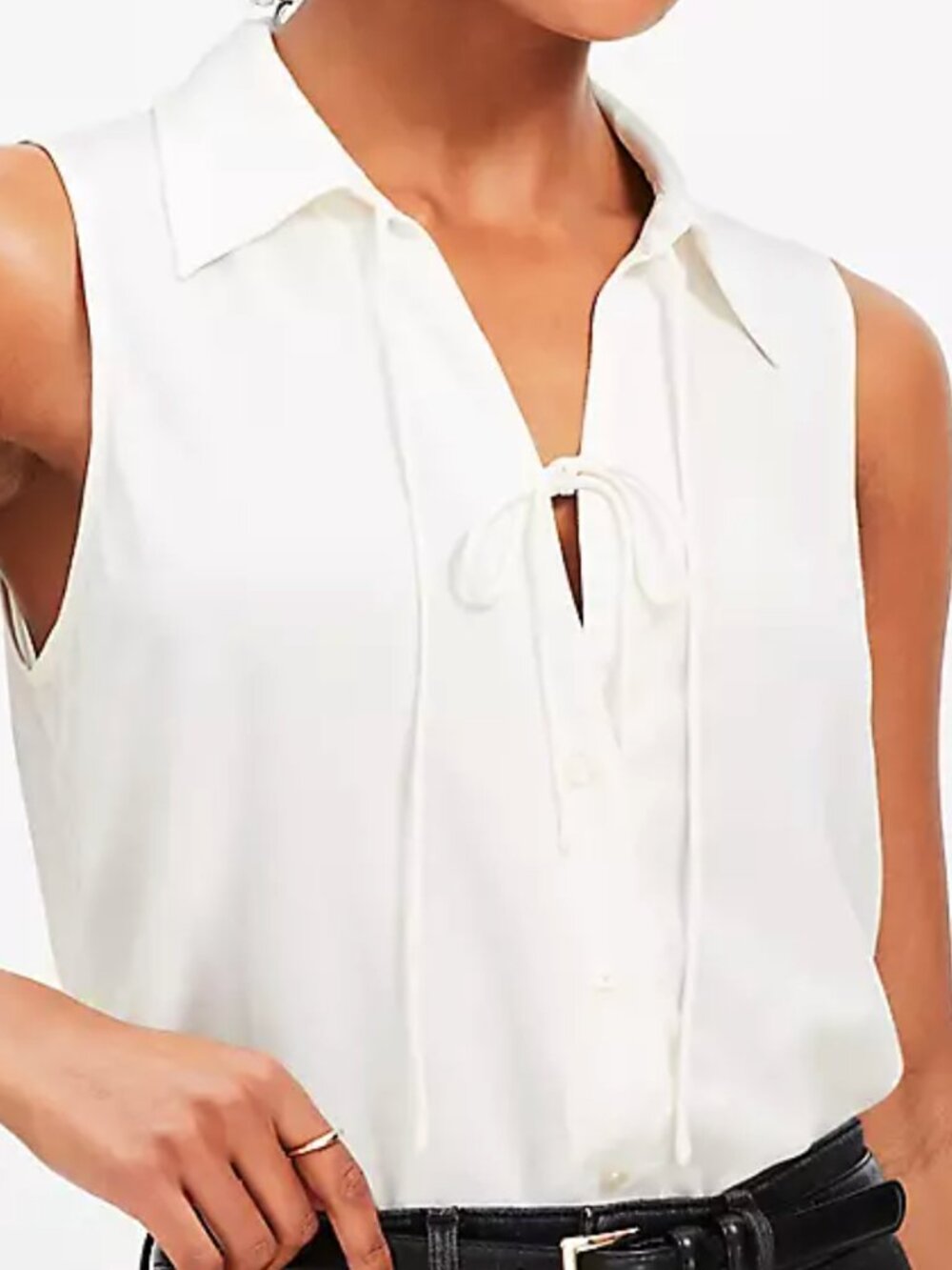 LOFT Double Tie Collared Sleeveless Shell in Whisper White, Size S NWT